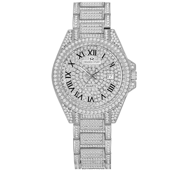 Glint - Hand-Studded Diamonds Date Dial Premium Luxury Stainless Steel Strap Analog Watch for Men