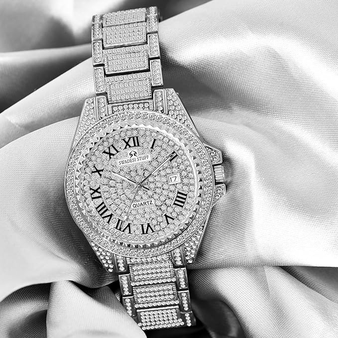 SWADESI STUFF Glint Hand-Studded Diamonds Date Dial Premium Luxury Stainless Steel Strap Analog Watch for Men